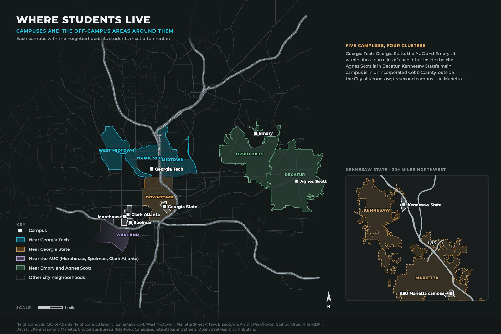 Map of the campuses this page covers and the off-campus areas around them: Georgia Tech with Home Park, Midtown and West Midtown; Georgia State with Downtown; Morehouse, Spelman and Clark Atlanta with the West End; Emory and Agnes Scott with Druid Hills and Decatur; and an inset of Kennesaw State, in unincorporated Cobb County outside the City of Kennesaw, with its Marietta campus.