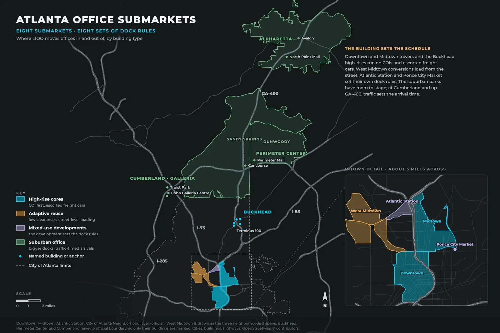 Map of the Atlanta office submarkets LIOO Moving works in: Downtown, Midtown and Atlantic Station from the City of Atlanta neighborhood layer, West Midtown drawn as the three neighborhoods it spans, the named Buckhead towers, Perimeter Center with Perimeter Mall in Dunwoody and Concourse in Sandy Springs, Cumberland and the Galleria with Truist Park outside the city in Cobb County, and Alpharetta with Avalon and North Point Mall, joined by I-285, I-75, I-85 and GA-400, with an intown inset that adds Ponce City Market.