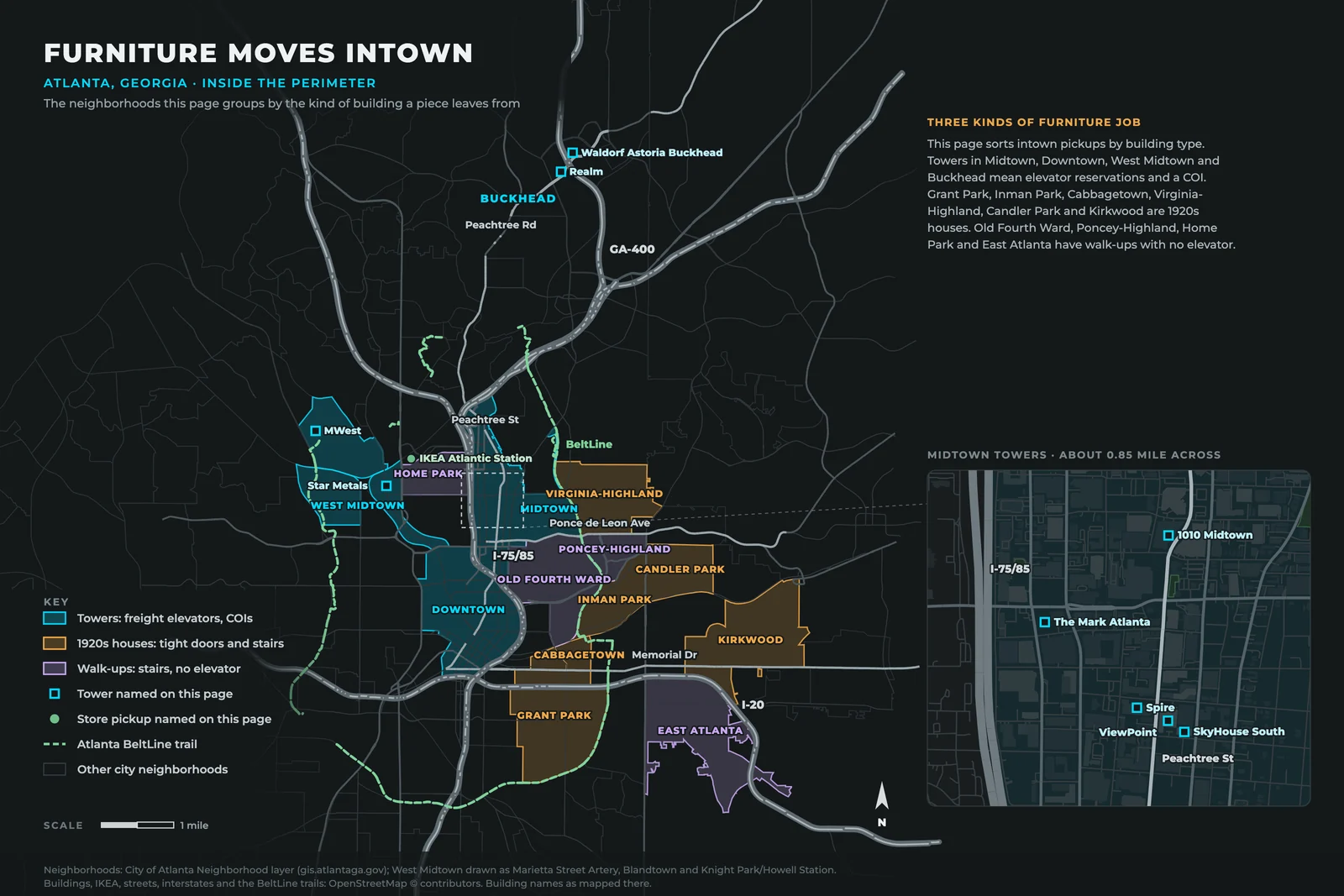 Map of intown Atlanta shaded by the three kinds of furniture job this page describes: tower neighborhoods (Midtown, Downtown, West Midtown, with Buckhead marked), 1920s-house neighborhoods (Grant Park, Inman Park, Cabbagetown, Virginia-Highland, Candler Park, Kirkwood) and walk-up neighborhoods (Old Fourth Ward, Poncey-Highland, Home Park, East Atlanta); the BeltLine trails, Peachtree Street, Ponce de Leon Avenue, Memorial Drive, I-75/85, I-20 and GA-400; IKEA at Atlantic Station; and an inset of the Midtown towers Spire, ViewPoint, 1010 Midtown, SkyHouse South and The Mark Atlanta.