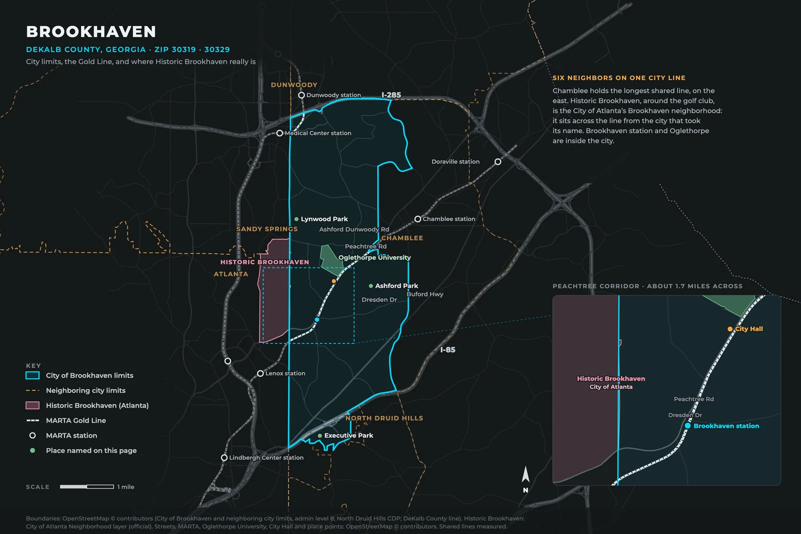 Map of Brookhaven, Georgia: the city limits between I-285 and I-85 with Chamblee, Dunwoody, Sandy Springs, Atlanta and North Druid Hills on the neighboring lines; the MARTA Gold Line with Brookhaven station inside the city; Oglethorpe University, City Hall, Ashford Park, Lynwood Park and Executive Park marked; and Historic Brookhaven, the City of Atlanta neighborhood around the golf club, shaded across the city line, with an inset of the Peachtree corridor at the station.