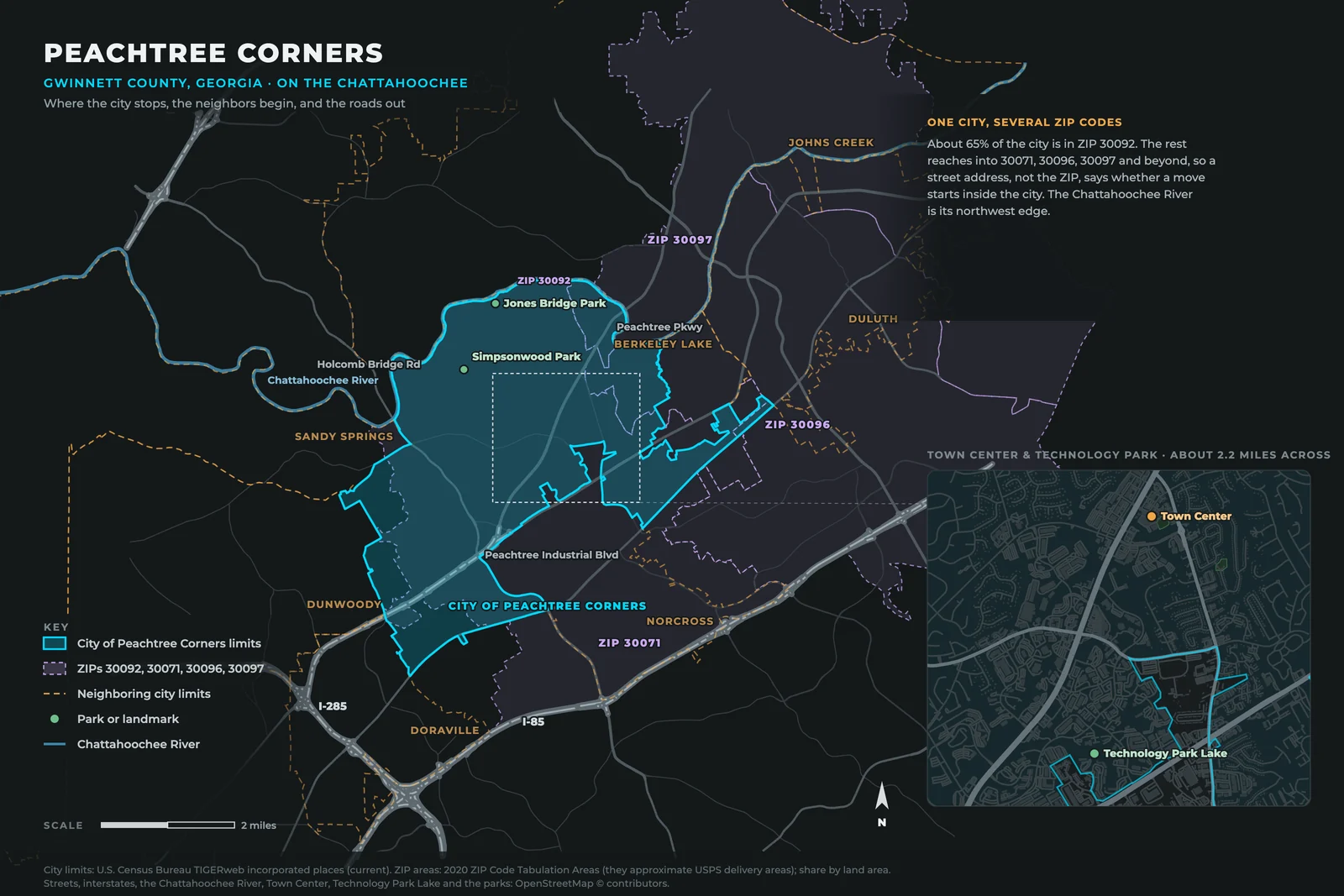 Map of Peachtree Corners, Georgia: the city limits against Norcross, Berkeley Lake, Duluth, Johns Creek, Dunwoody, Sandy Springs and Doraville, with the Chattahoochee River on the northwest edge; ZIPs 30092, 30071, 30096 and 30097, with about two-thirds of the city in 30092; Peachtree Parkway, Peachtree Industrial Boulevard, Holcomb Bridge Road, I-285 and I-85; Simpsonwood Park and Jones Bridge Park; and an inset of Town Center and Technology Park Lake.
