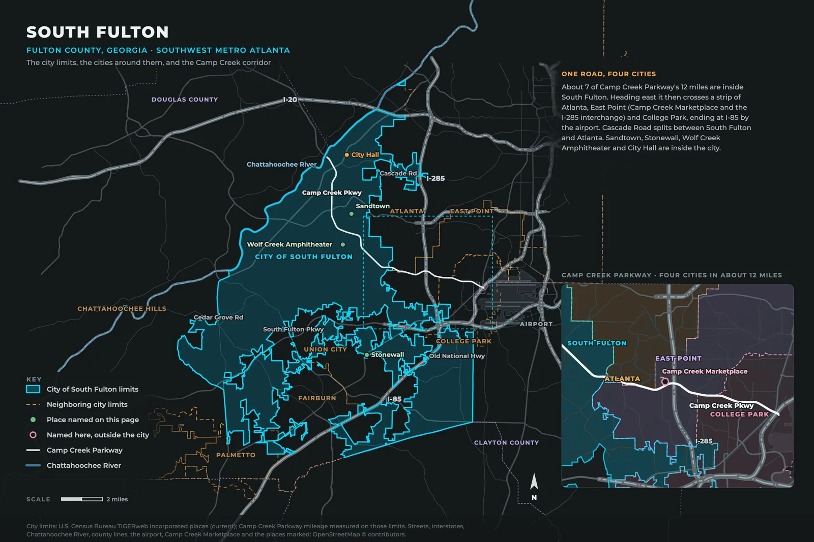 Map of the City of South Fulton, Georgia: the city limits against Atlanta, East Point, College Park, Union City, Fairburn, Palmetto and Chattahoochee Hills, with the Chattahoochee River, I-285, I-85, I-20 and Hartsfield-Jackson airport; City Hall, Sandtown, Wolf Creek Amphitheater and Stonewall inside the city; and an inset of Camp Creek Parkway, which runs through South Fulton, a strip of Atlanta, East Point at Camp Creek Marketplace and College Park.